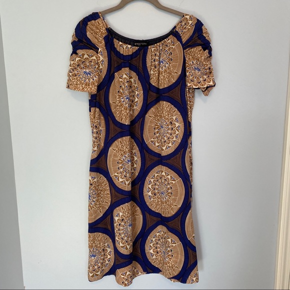 Etcetera Royal Blue & Beige Short Sleeve Cotton Shift Dress Size: 0 - Picture 6 of 12
